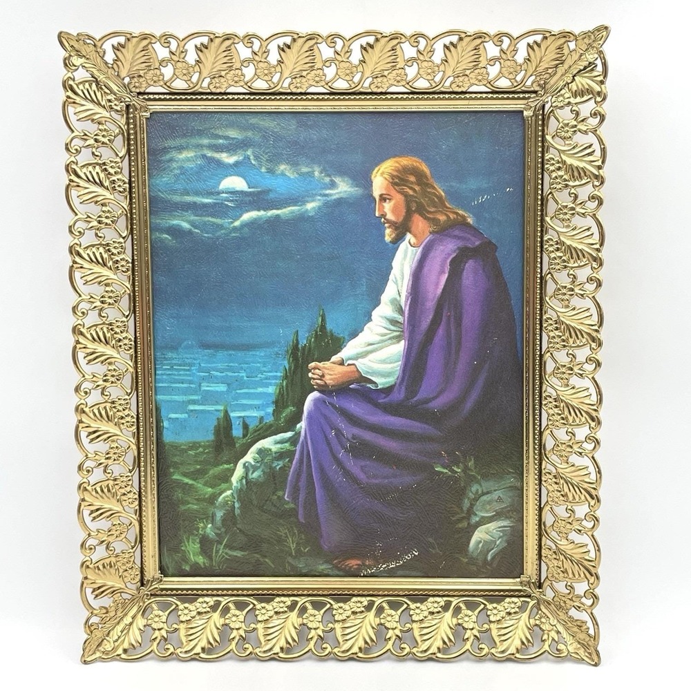 Vintage 1970s Jesus Praying In Gethsemane Mount Of Olives Framed Religious Art
